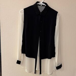 Robert Rodriguez Black and White Blouse with Beaded Collar